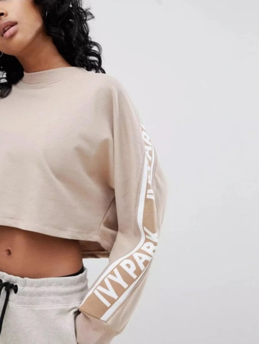 Ivy Park Sweatshirt Womens Tan Cropped Crewneck Logo Tape Long Sleeve XS